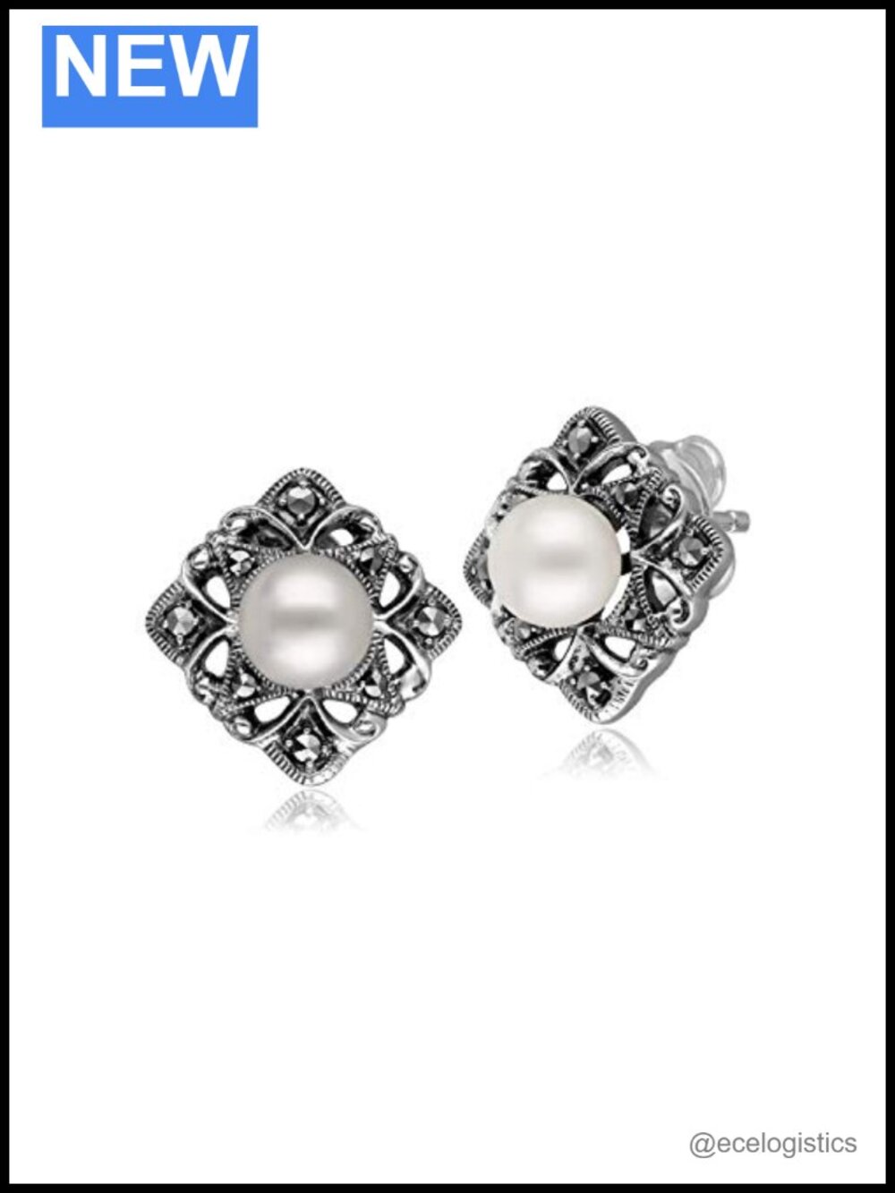 Pearl & Marcasite Floral Dangle Earrings Sterling Silver